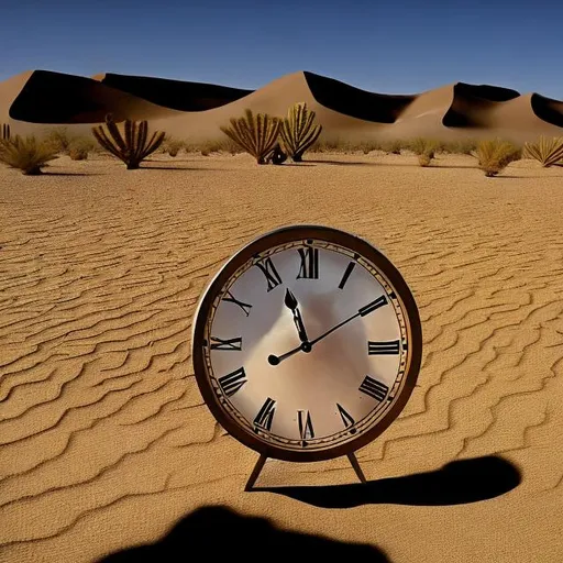 Prompt: clocks melting in the desert, desert full of sand, clocks of many shapes