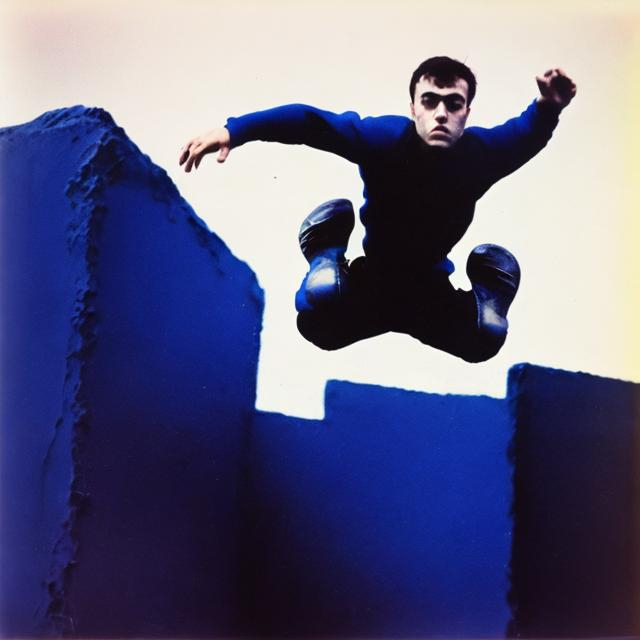 Prompt: Yves Klein jumping into the void, abstract image