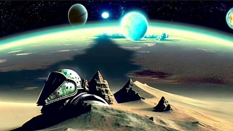 Prompt: caballero medieval, armadura medieval, el caballero salta en el espacio exterior , el planeta marte se lo en cielo, muchos planetas a la vista