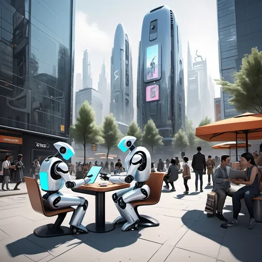 Prompt: A bustling city square with several futuristic robots interacting like humans. One robot is sitting on a bench reading a newspaper, another is buying coffee from a street vendor, and a third is playing with a robotic dog. The environment is modern but has a slightly futuristic vibe, with tall glass buildings, holographic advertisements, and diverse people walking around. The robots have a sleek, polished design with glowing blue lights and intricate mechanical details.