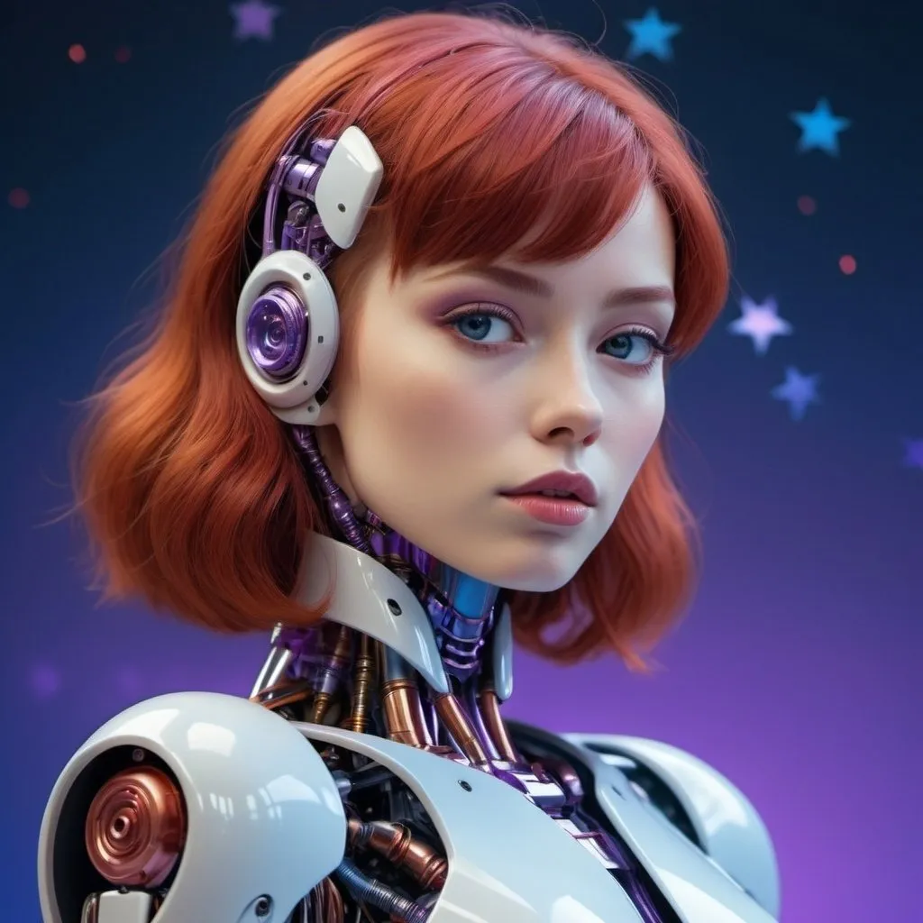 Prompt: a beautiful robot red head woman, feminine look, retro like, octane rendered 4k, hyperrealism, highly detailed, futuristic look, cinema 4k, lots of details, blue and purple background with stars, epic look, hajime sorayama, portrait