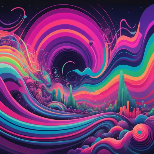 Prompt: "A colorful psychedelic soundscape filled with vibrant sound waves flowing through the air. The sky is a swirling mix of neon colors like bright pinks, purples, blues, and greens. Abstract shapes representing sound waves ripple across the scene, their patterns mimicking the movement of sound through space. There are glowing lines and spirals that pulse with energy, creating a visual representation of music. The landscape below is a blend of abstract hills and valleys, their forms influenced by sound frequencies, with trees and rocks shimmering in bright colors, blending into the waves of sound."