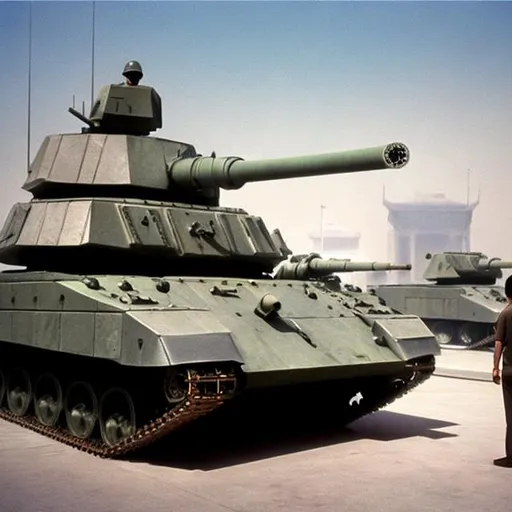 Prompt: man standing in front of a tank, abstract image, drawing, tiananmen