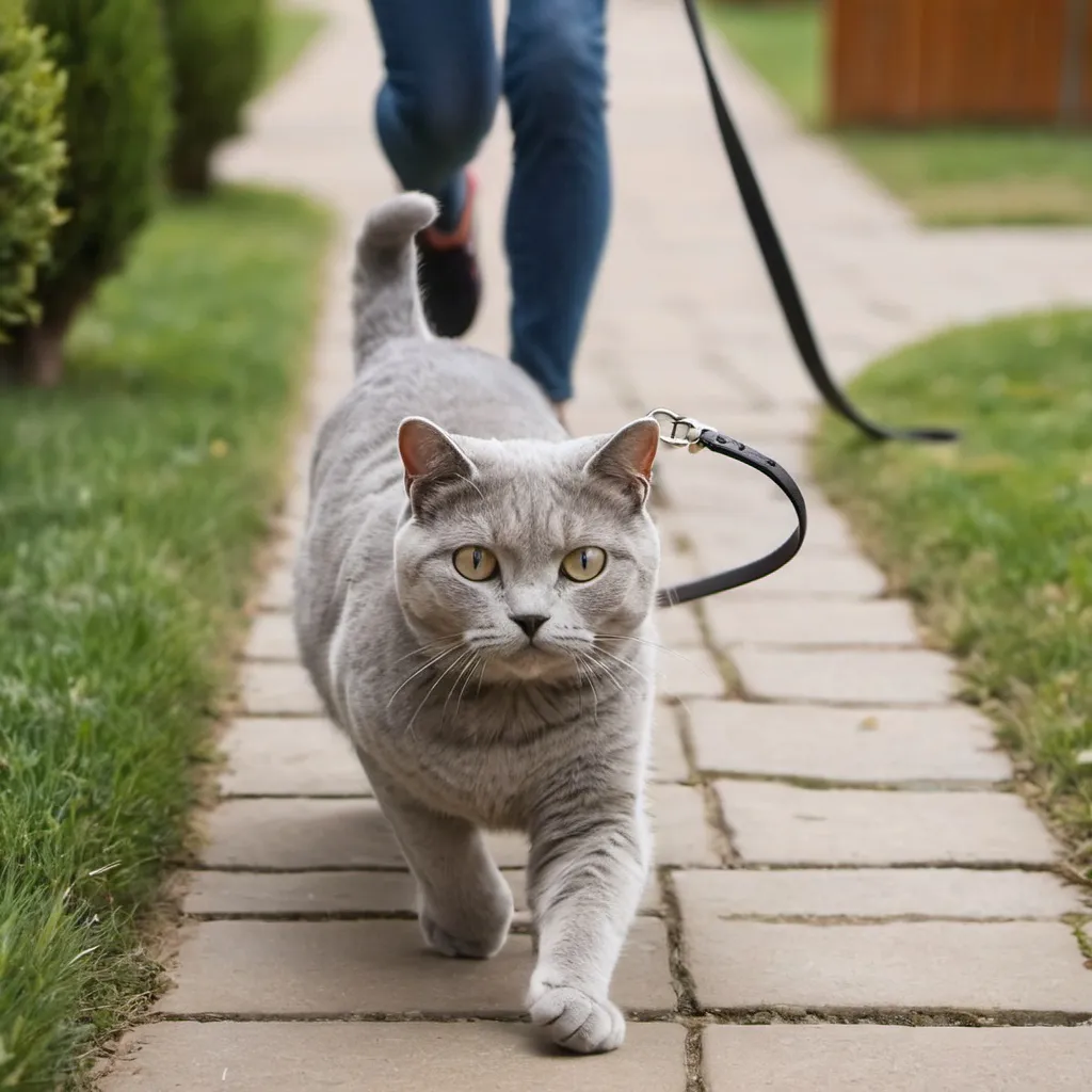 Prompt: british fold gray cat running away from owner in leash