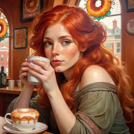 Prompt: Beautiful Irish woman with red hair, drinking Dunkin' Donuts coffee, Massachusetts charm, cozy atmosphere, detailed facial features, vibrant red hair, realistic oil painting, 4k resolution, warm and cozy, detailed eyes, elegant, traditional, relaxed setting