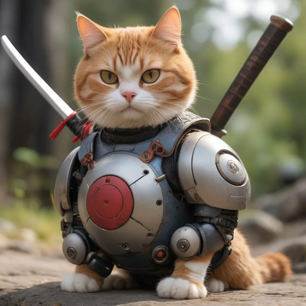 Prompt: A samurai cat with a round robot sidekick