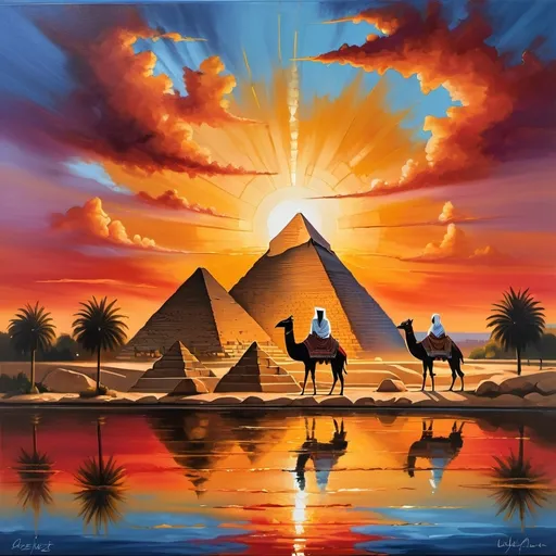 Prompt: A breathtaking artistic masterpiece capturing the essence of Egypt at dusk. The sun is setting, casting a stunning blend of red and blue hues across the sky, which seamlessly merges with the golden glow of the iconic Pyramids of Egypt. The ancient structures are illuminated, providing a stark contrast to the deepening twilight. A serene white llama casually strolls through the scene, adding a touch of tranquility. The sky above is filled with dynamic, swirling clouds that seem to dance, capturing the final moments of the setting sun. The Seine River below mirrors the vivid colors, creating a mesmerizing path that leads the eye through the heart of the pyramids. The painting perfectly encapsulates the mystical and timeless quality of the pyramids at dusk, with its rich, saturated tones and subtle contrasts. The cinem, vibrant, painting