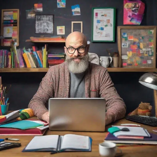 Prompt: A creative and attractive photograph of a bald, graying male tutor with a beard, posing as a middle-aged Russian man.
 
enthusiastic teacher in comfortable casual clothes. He is sitting in a cozy home office, at a computer desk with the computer turned on, surrounded by colorful books and educational materials. The chalkboard on the wall features a catchy slogan like “Unleash your potential with ,” and features a picture of a key. The overall atmosphere is warm, welcoming and motivating, ideal for attracting students seeking summer study.