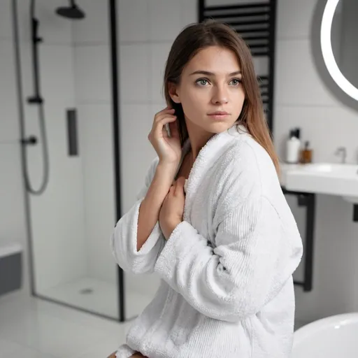 Prompt: create combination with my last generation of Model: Juggernaut XL, neccesary is that model looks to the camera, detailed face, facing to camera, black and white equipment of the bathroom, wide view of the room, blurry background, 4K, photorealistic, award wining photo