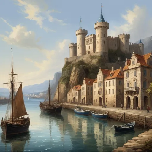 Prompt: bay with a grand castle and a port, ancient style (oil painting style)















