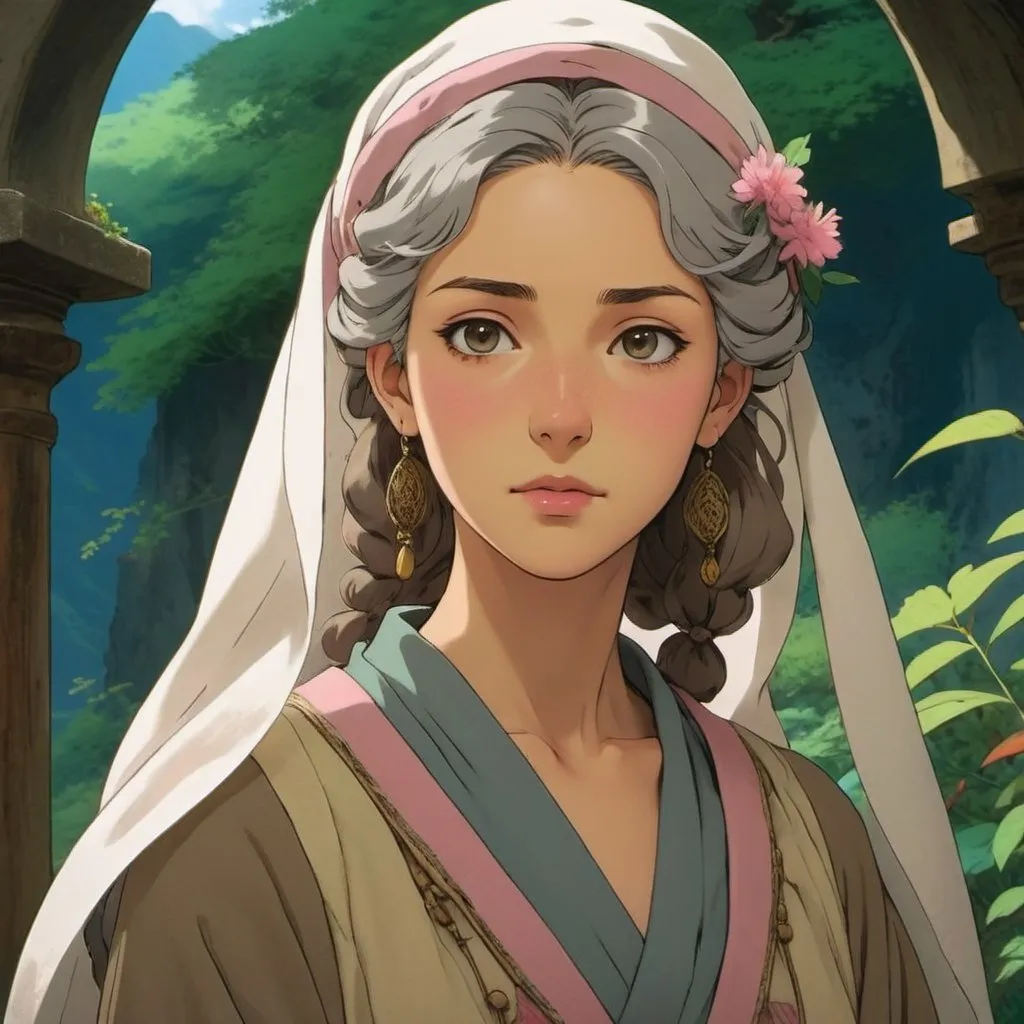 Prompt: young religious woman wearing ancient clothes and a veil, silver hair, pink lips, ghibli painting style