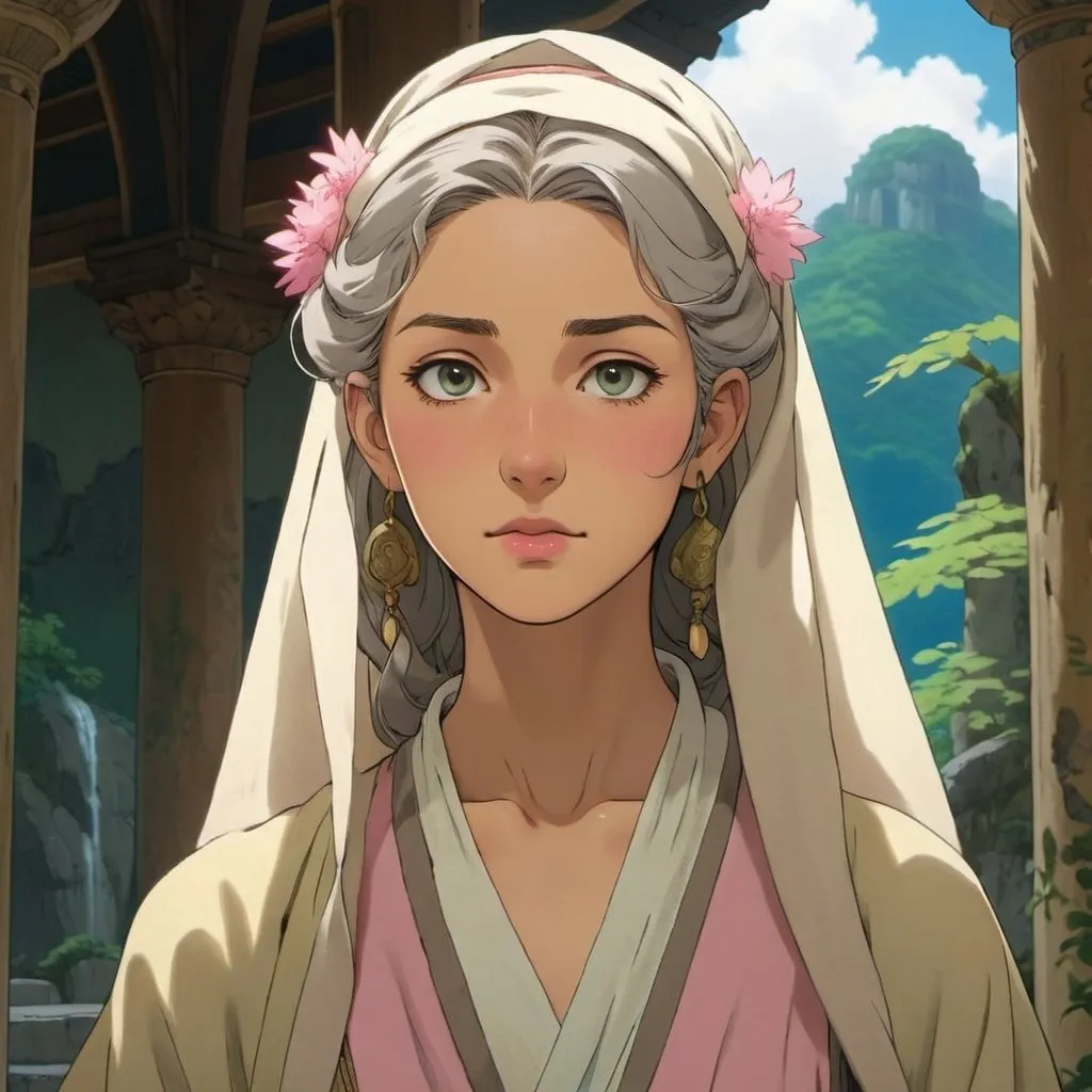 Prompt: young religious woman wearing ancient clothes and a veil, silver hair, pink lips, in a temple, ghibli painting style