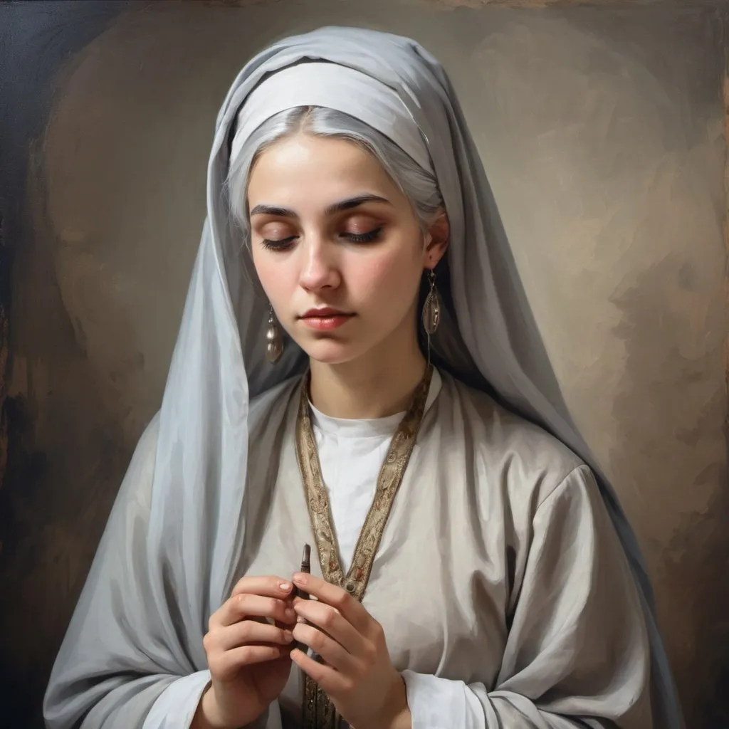 Prompt: young religious woman wearing ancient clothes and a veil, silver hair, practising medecine, oil painting style