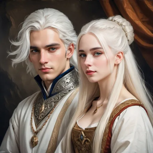 Prompt: white prince and a young white woman with white hair and ancient clothes (oil painting style)


