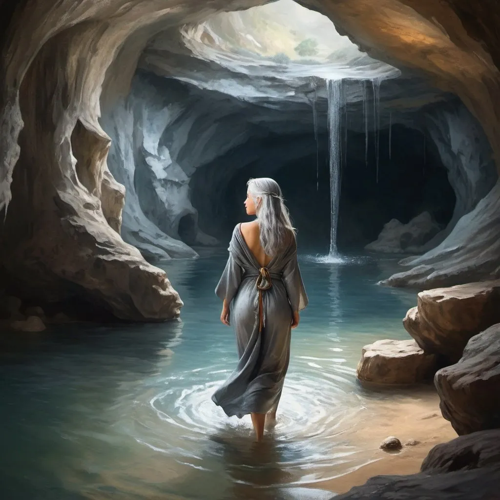 Prompt: woman wearing ancient clothes, silver hair, going in the water inside a big cave, oil painting style
