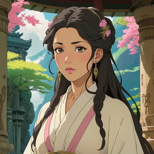 Prompt: prophetess wearing white ancient clothes, black hair, pink lips, in a temple, ghibli style
