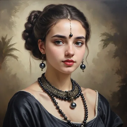 Prompt: young woman wearing ancient clothes and an ancient necklace with two black pearls, oil painting style
