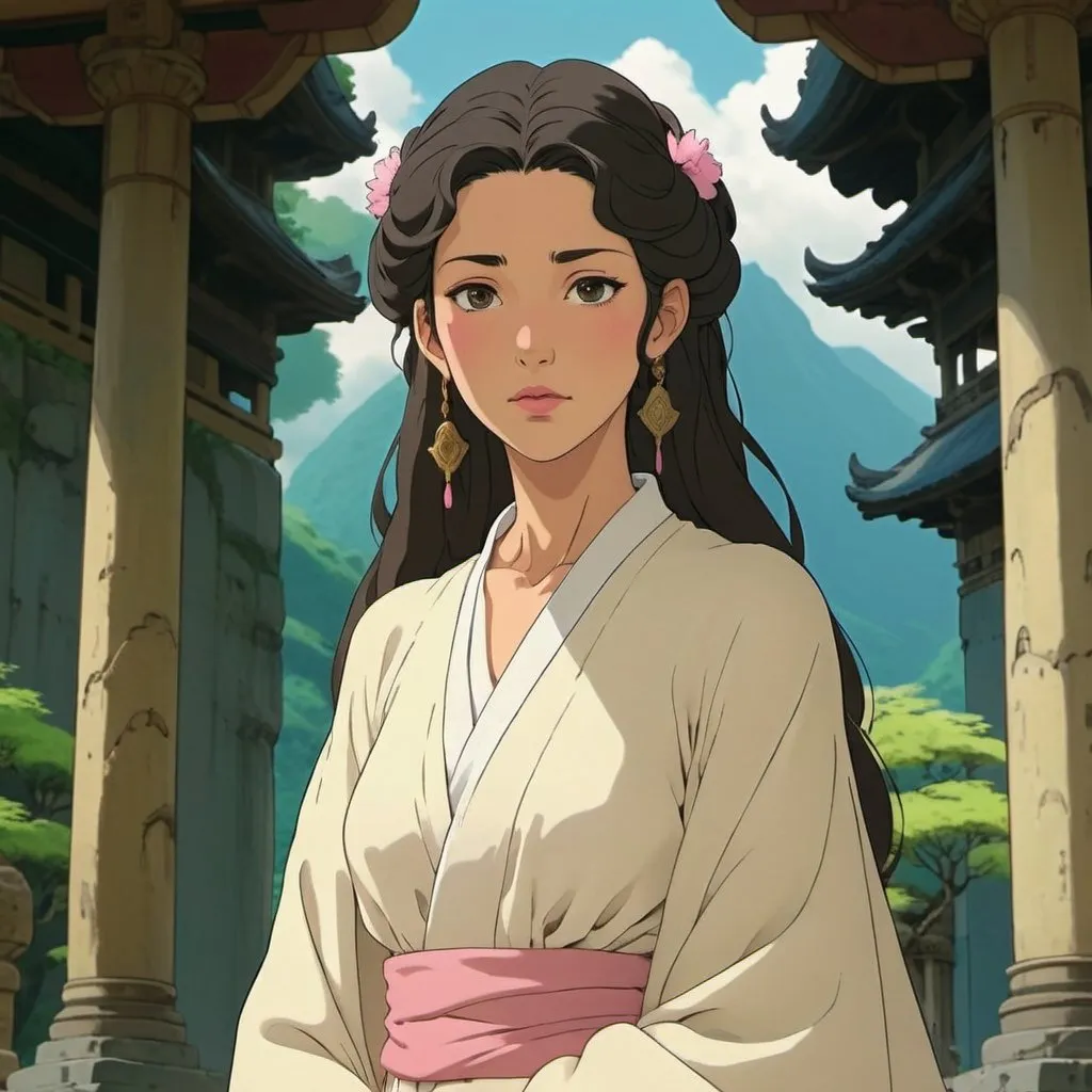 Prompt: prophetess wearing white ancient clothes, black hair, pink lips, in a temple, ghibli style