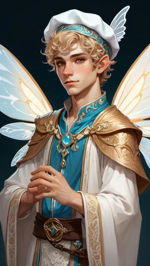 Prompt: male androgynous faerie mage with beret, lace, elf ears, cerueal robes, white lace accessories, white floral embroidery, cerulean beret, golden jewelry, light brown short curly hair, large iridescent faerie wings, druid, fantasy character art, illustration, dnd
