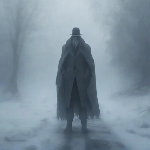 Prompt: A mysterious tall man with ranges as a with. He stay in the frozen fog