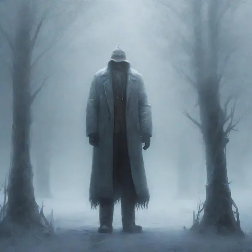 Prompt: A mysterious tall man with ranges as a with. He stay in the frozen fog