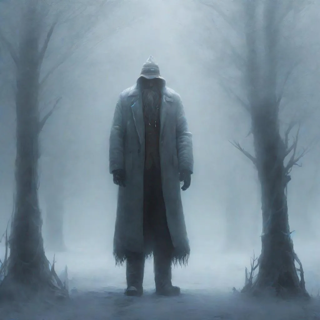 Prompt: A mysterious tall man with ranges as a with. He stay in the frozen fog