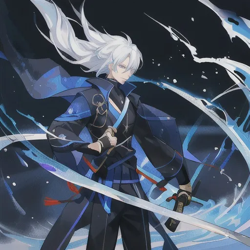 Prompt: White-haired elegant man with katana, blue fiery storm, katana stuck to the ground, big blue fire storm, detailed facial features, high-quality, digital painting, anime style, icy blue fire, dramatic lighting, elegant design, professional, intense atmosphere