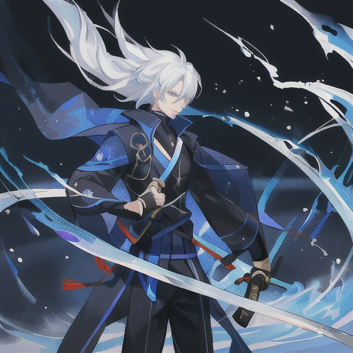 Prompt: White-haired elegant man with katana, blue fiery storm, katana stuck to the ground, big blue fire storm, detailed facial features, high-quality, digital painting, anime style, icy blue fire, dramatic lighting, elegant design, professional, intense atmosphere