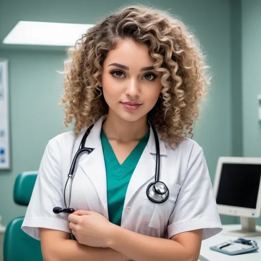 Prompt: curly hair hot girl with doctor uniform
