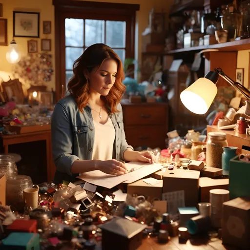 Prompt: (engaged woman) in her 30s, (petite) and (pretty), surrounded by a (cluttered house), sorting through a chaotic mix of items, expression reflecting determination, warm ambient light creating a cozy yet overwhelming atmosphere, scattered trinkets and belongings in the background, rich detail and inviting colors, (ultra-detailed), (4K).