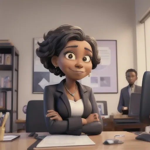 Prompt: masterpiece, best quality ,Portrait of mid adult successful black mature woman looking at camera with arms crossed. Smiling african american business woman standing in new office .Portrait of mature woman.