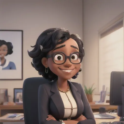 Prompt: masterpiece, best quality ,Portrait of mid adult successful black mature woman with glasses. Smiling african american business woman standing in new office .Portrait of mature woman.