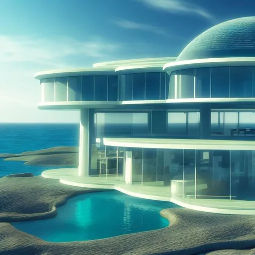 Prompt: futuristic house near the ocean, space, futuristic world, post apocalypse, large glass windows, realistic architecture
