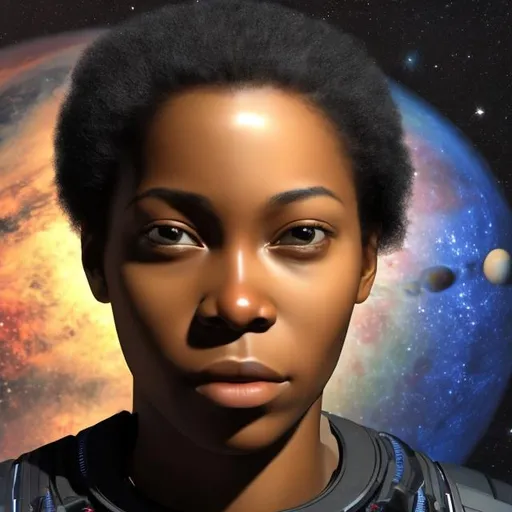 Prompt: science fiction, african american, space, realistic facial features
