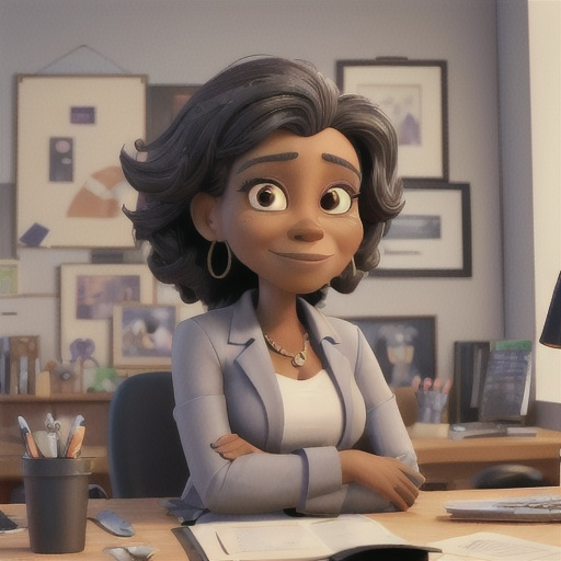 Prompt: masterpiece, best quality ,Portrait of mid adult successful black mature woman looking at camera with arms crossed. Smiling african american business woman standing in new office .Portrait of mature woman.