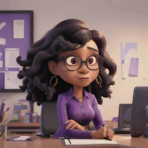 Prompt: masterpiece, best quality, Portrait of middle-aged adult successful black mature woman with black frame glasses. long curly brown hair with bangs, with purple lipstick, African American business woman standing in new office. Portrait of mature woman.