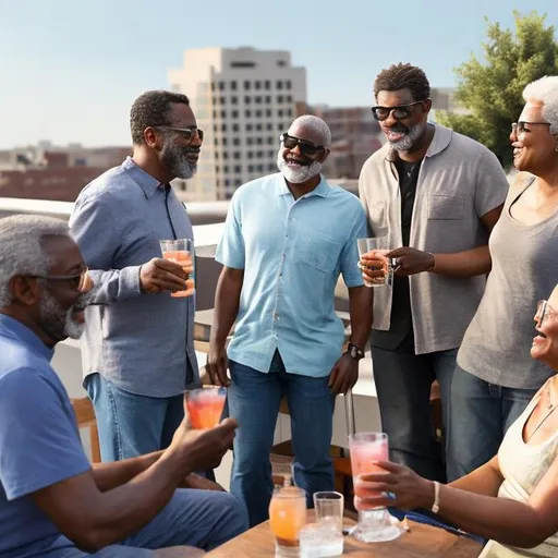 Prompt: African American group of middle-aged friends, talking on an outside rooftop patio, 3d, variety of drinks, some with realistic grey hair, some with eye glasses, variety of body types, 
