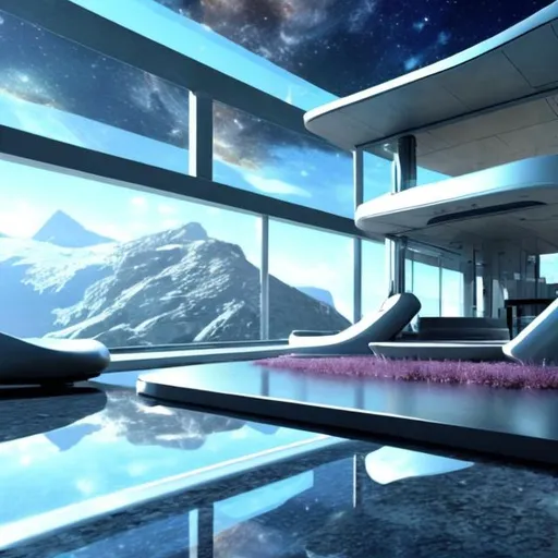 Prompt: futuristic house in the mountains, space, futuristic world, post apocolypse, large glass windows
