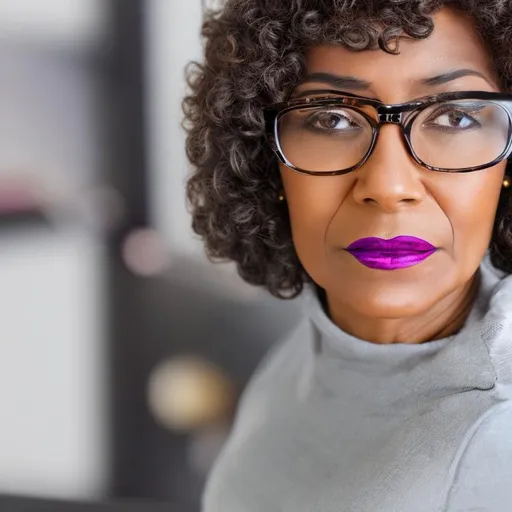 Prompt: masterpiece, best quality, Portrait of middle-aged adult successful black mature woman with black frame glasses. long curly brown hair with bangs, with purple lipstick, African American business woman standing in new office. Portrait of mature woman.