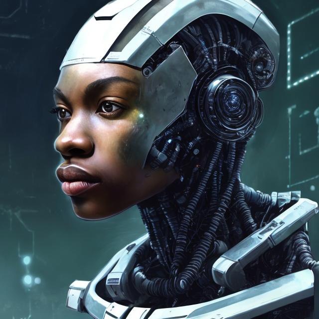 Prompt: science fiction, african american, space, realistic facial features, robots, android, synth
