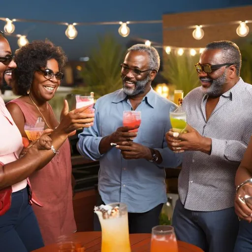 Prompt: African American group of middle-aged friends, talking on an outside rooftop patio, variety of drinks, realistic, some with eye glasses, casual dress
