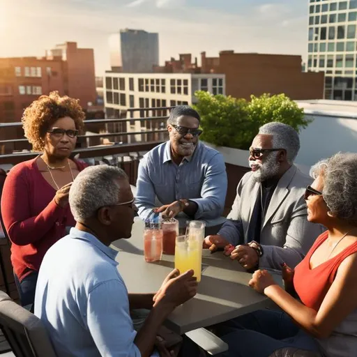 Prompt: African American group of middle-aged friends, talking on an outside rooftop patio, 3d, variety of drinks, some with realistic grey hair, some with eye glasses, variety of body types, 
