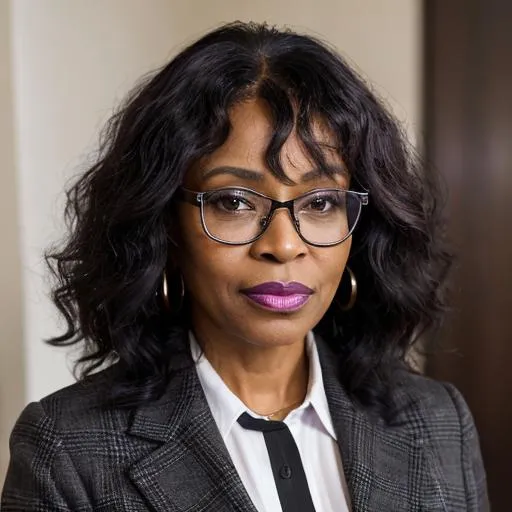 Prompt: masterpiece, best quality, Portrait of middle-aged adult successful black mature woman with black frame glasses. long curly brown hair with bangs, with purple lipstick, African American business woman standing in new office. Portrait of mature woman.