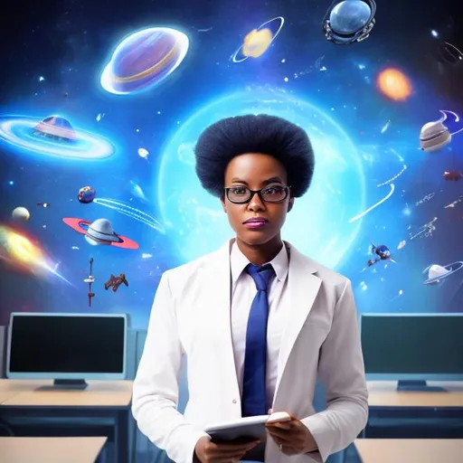 Prompt: futuristic university professor african-american. out of space classroom. 