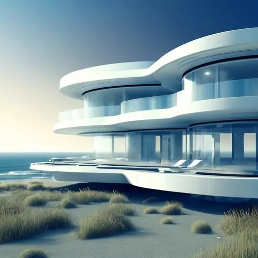 Prompt: futuristic house near the ocean, space, futuristic world, post apocalypse, large glass windows, realistic architecture
