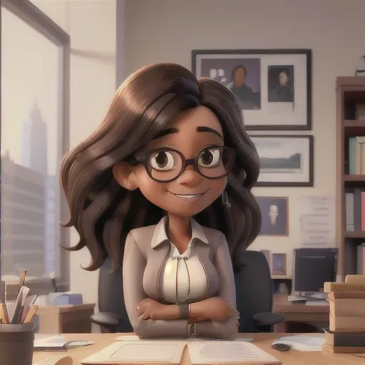 Prompt: masterpiece, best quality, Portrait of middle-aged adult successful black mature woman with glasses. long wavy brown hair with bangs swooped to the side, with Smiling African American business woman standing in new office. Portrait of mature woman.