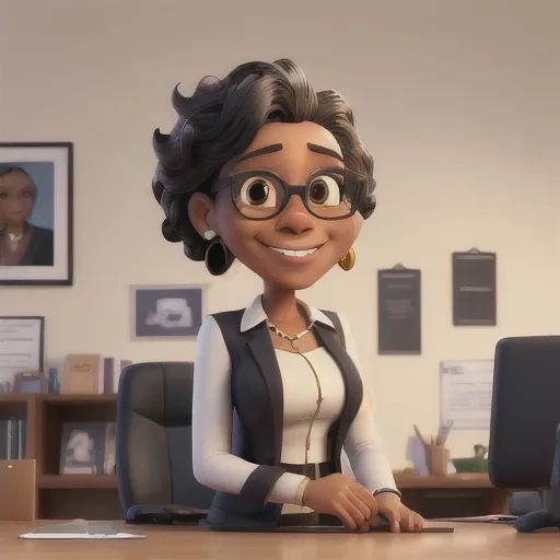 Prompt: masterpiece, best quality ,Portrait of mid adult successful black mature woman with glasses. Smiling african american business woman standing in new office .Portrait of mature woman.