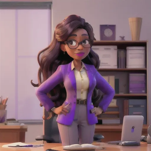 Prompt: masterpiece, best quality, Portrait of middle-aged adult successful black mature woman with purple frame glasses. long wavy brown hair with bangs, with purple lipstick, African American business woman standing in new office. Portrait of mature woman.