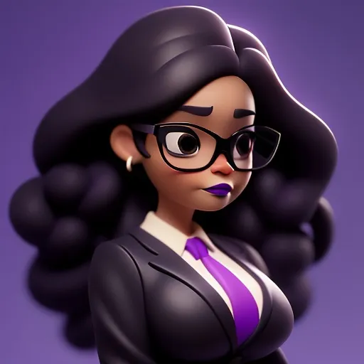 Prompt: masterpiece, best quality, Portrait of middle-aged adult successful black mature woman with black frame glasses. long curly brown hair with bangs, with purple lipstick, African American business woman standing in new office. Portrait of mature woman.