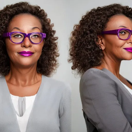 Prompt: masterpiece, best quality, Portrait of middle-aged adult successful black mature woman with black frame glasses. long curly brown hair with bangs, with purple lipstick, African American business woman standing in new office. Portrait of mature woman.